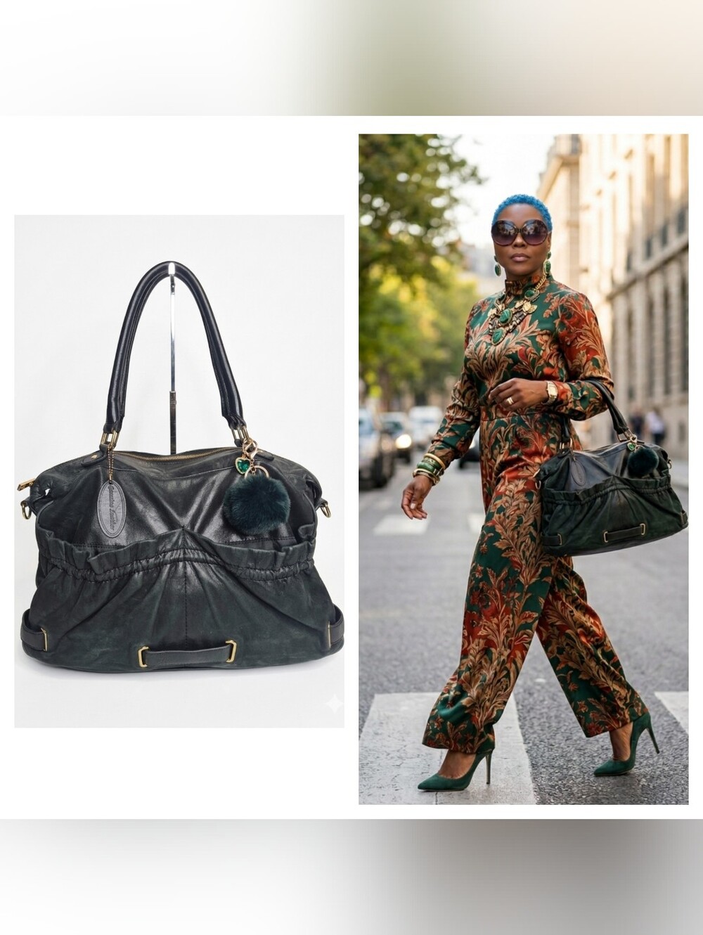 Pelle Studio Dark Green Leather Tote with Pom Charm